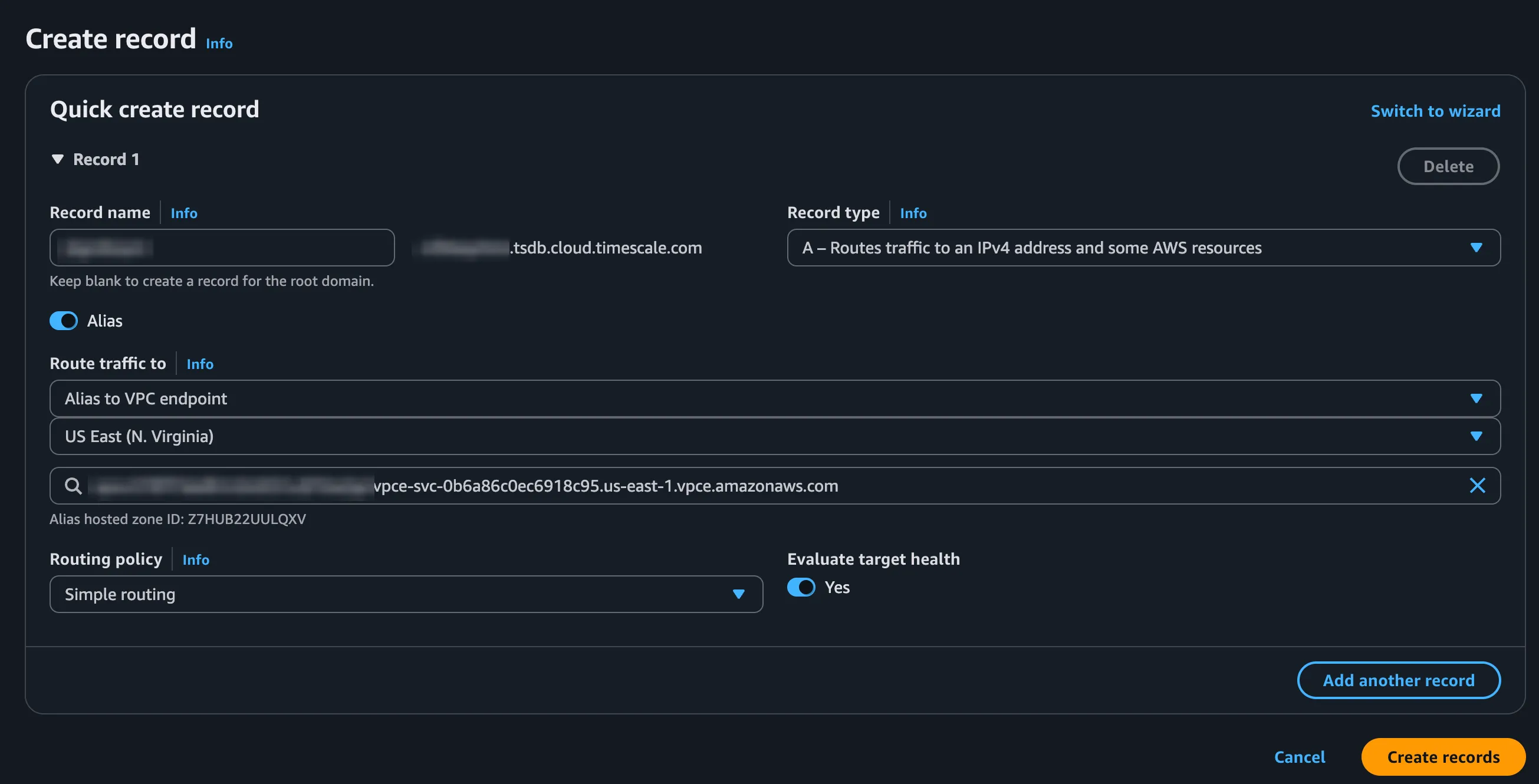 Creating an A record aliased to the regional VPC endpoint name