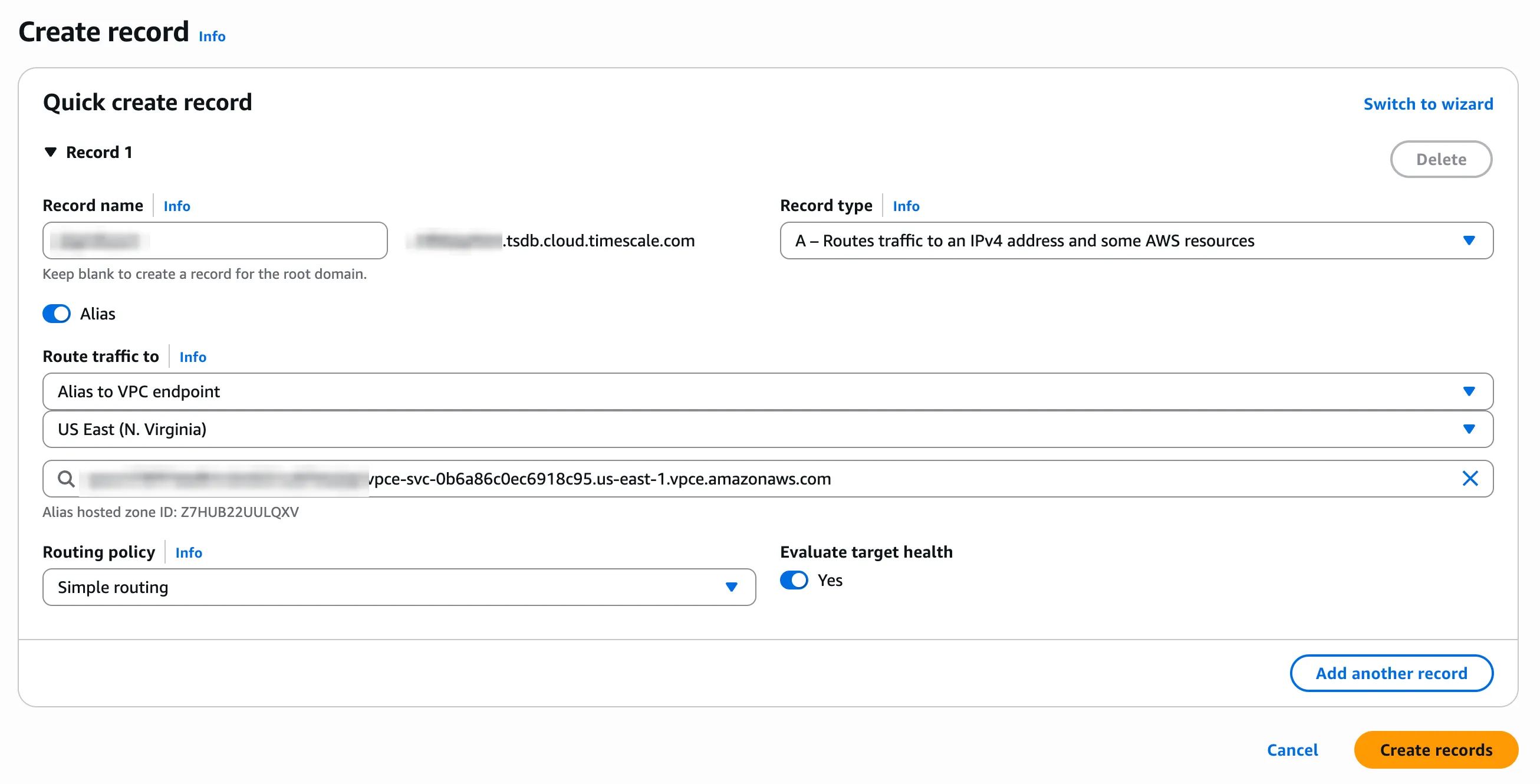 Creating an A record aliased to the regional VPC endpoint name