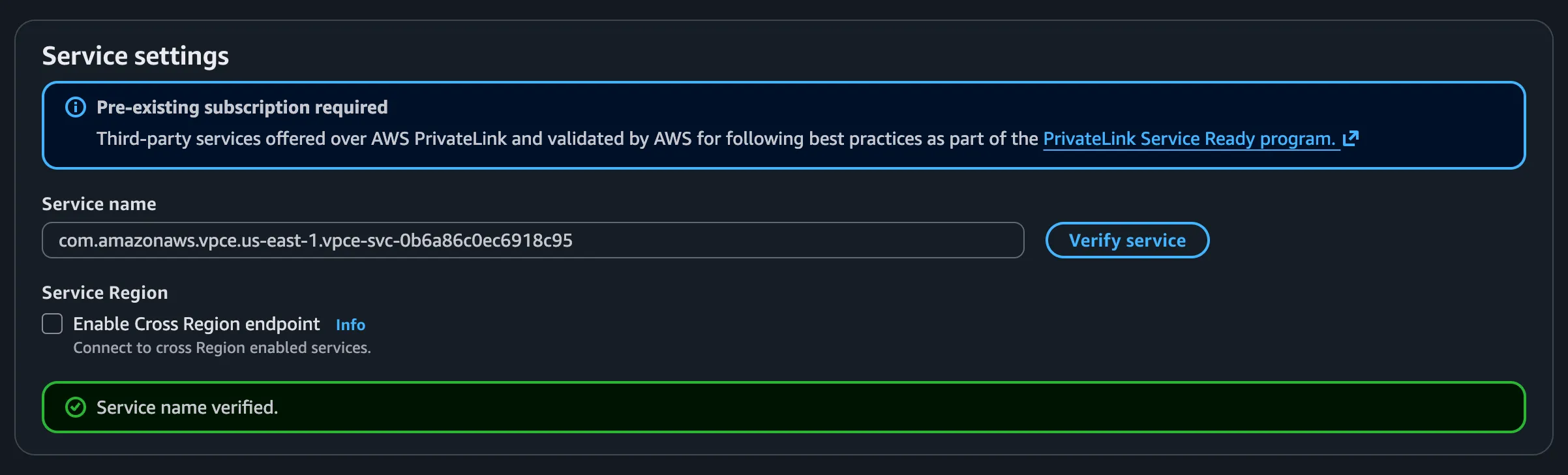 AWS endpoint service settings