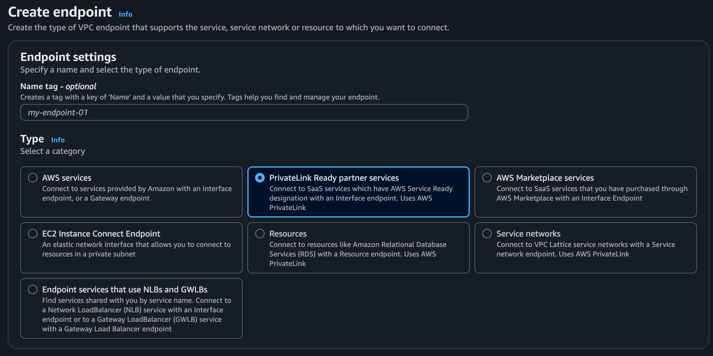 AWS create endpoint settings