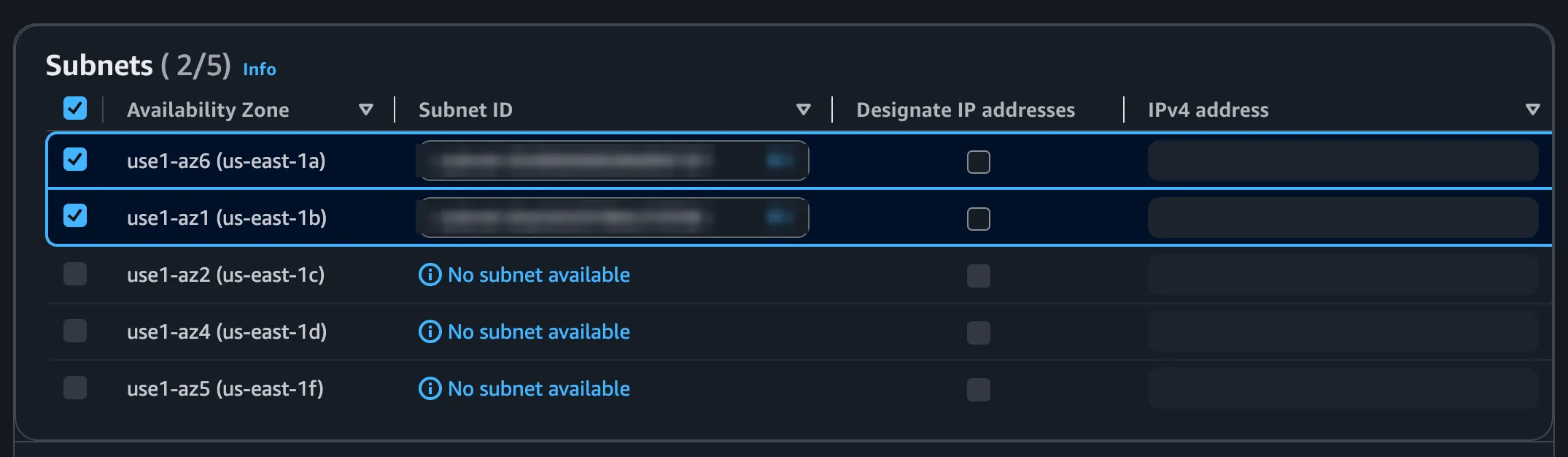 Selecting a subnet in each of the two Availability Zones, listed by Availability Zone ID