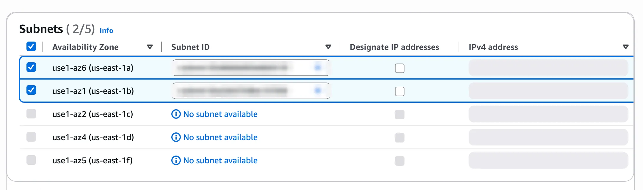 Selecting a subnet in each of the two Availability Zones, listed by Availability Zone ID