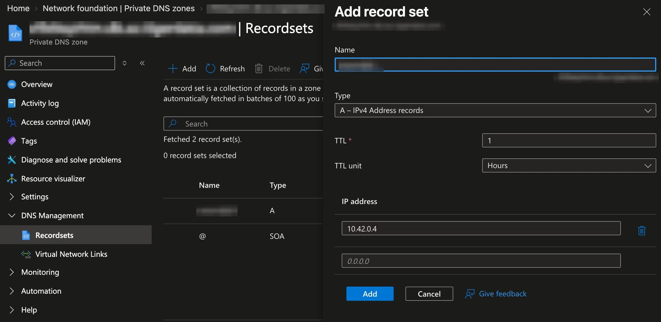 Adding an A record for the service hostname pointing at the private endpoint IP