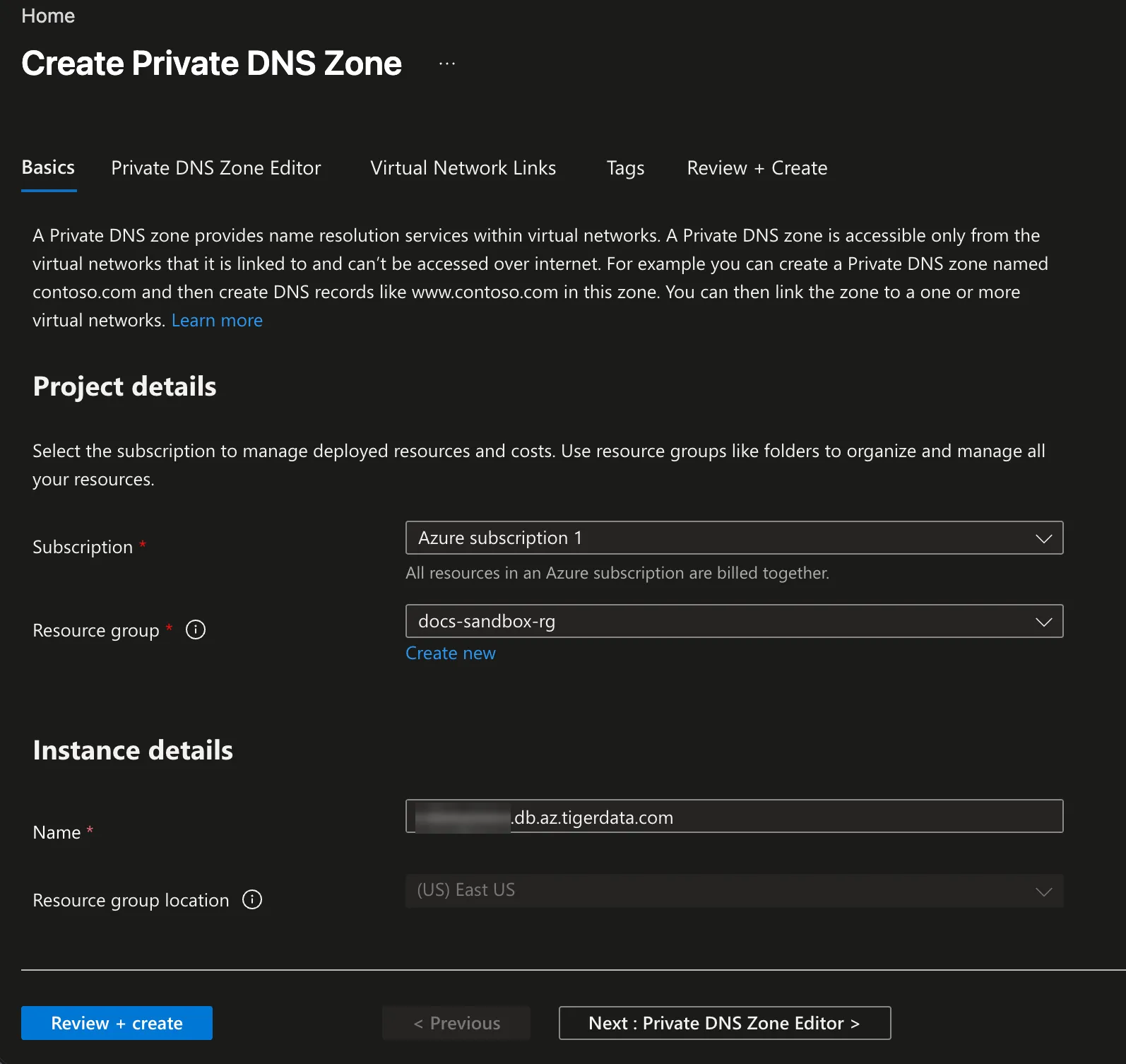 Creating a private DNS zone for the project domain