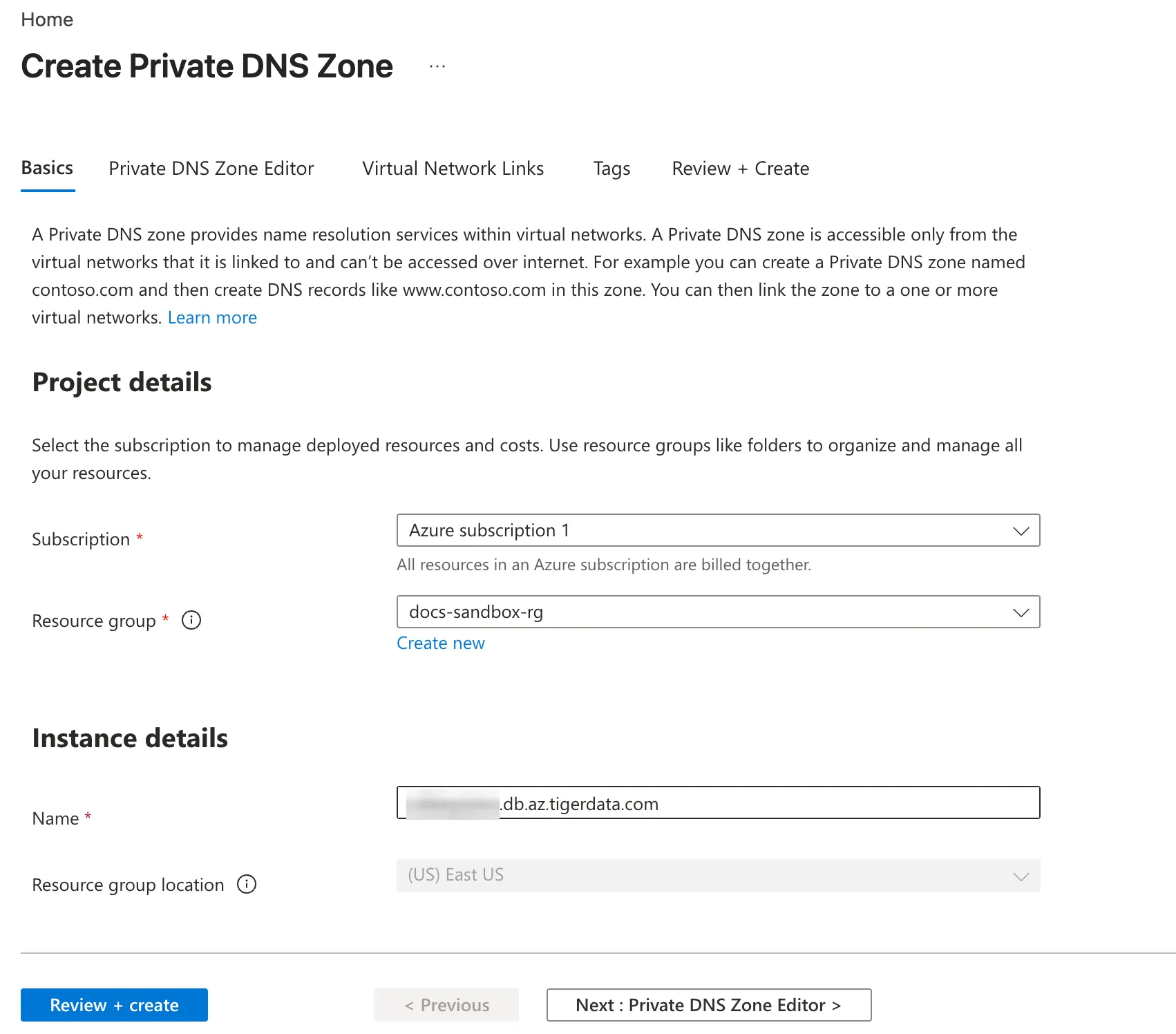 Creating a private DNS zone for the project domain