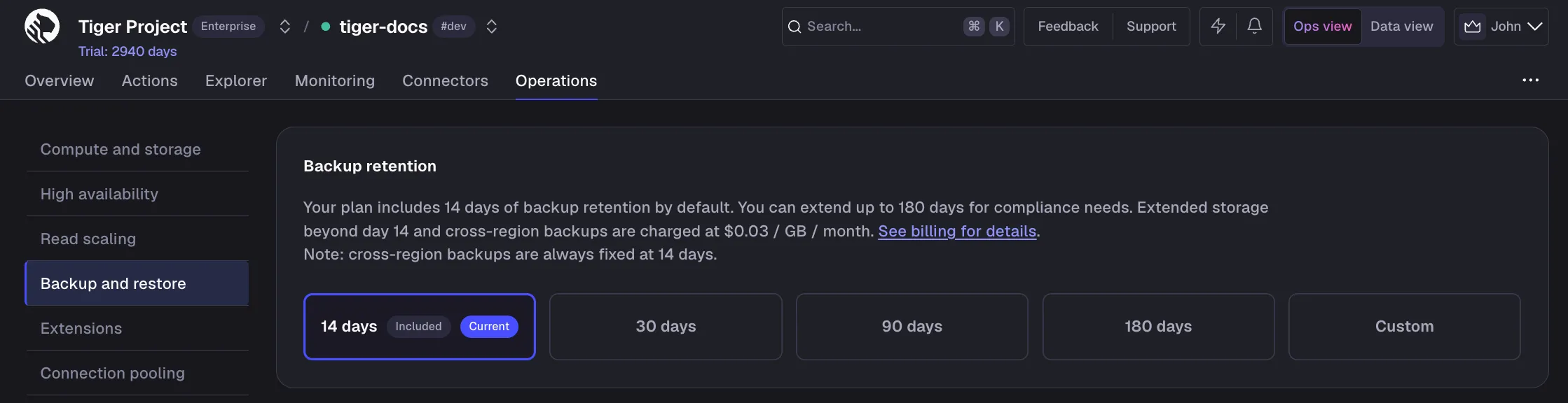Setting the backup retention period in Tiger Console