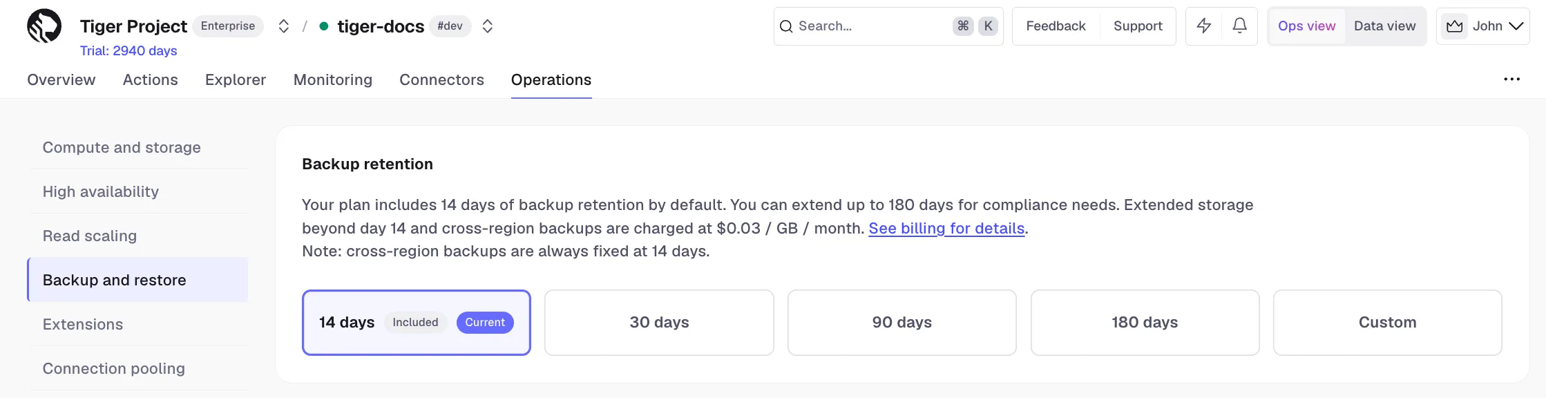 Setting the backup retention period in Tiger Console