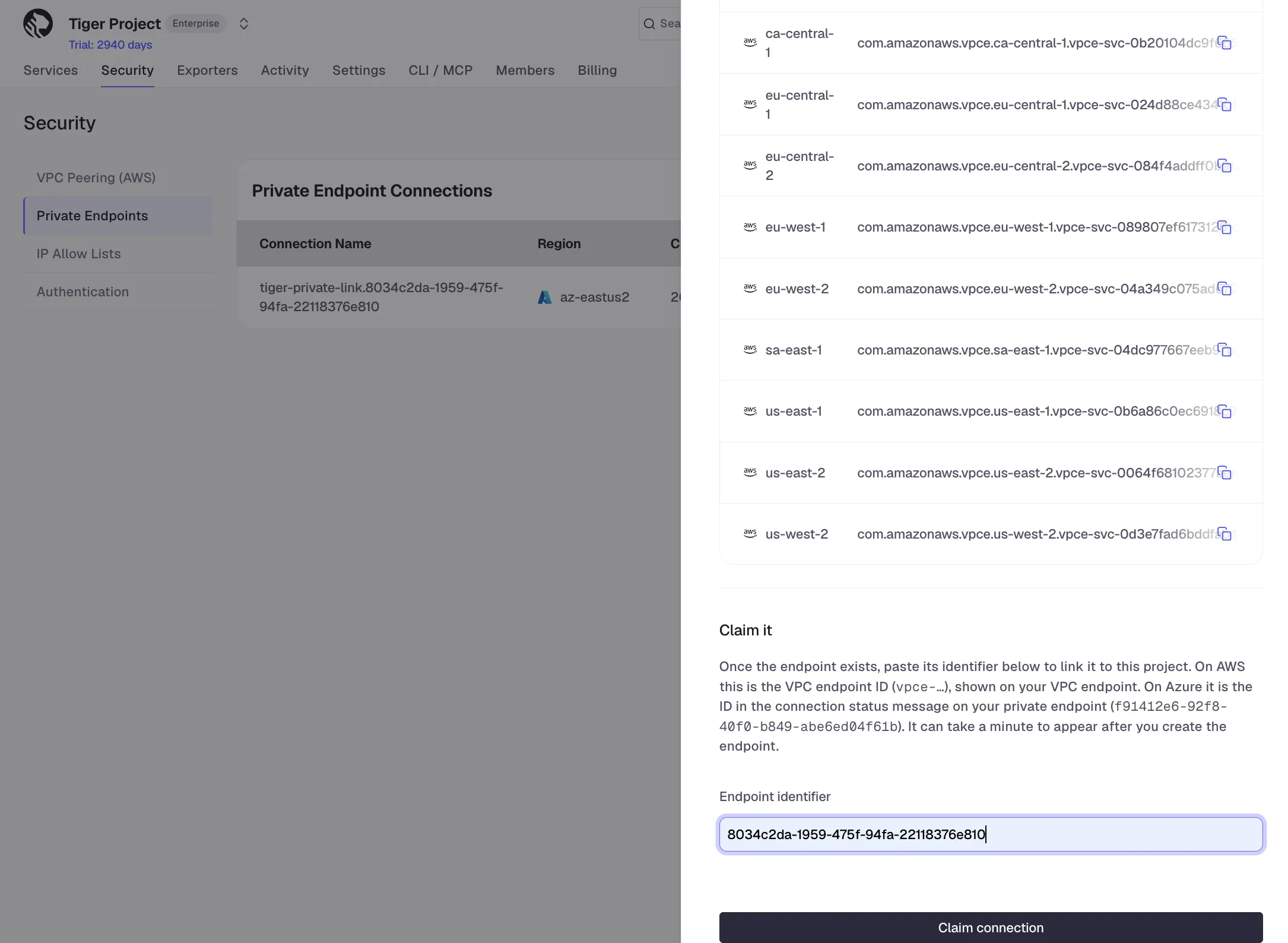 Claiming a private endpoint connection with the endpoint identifier