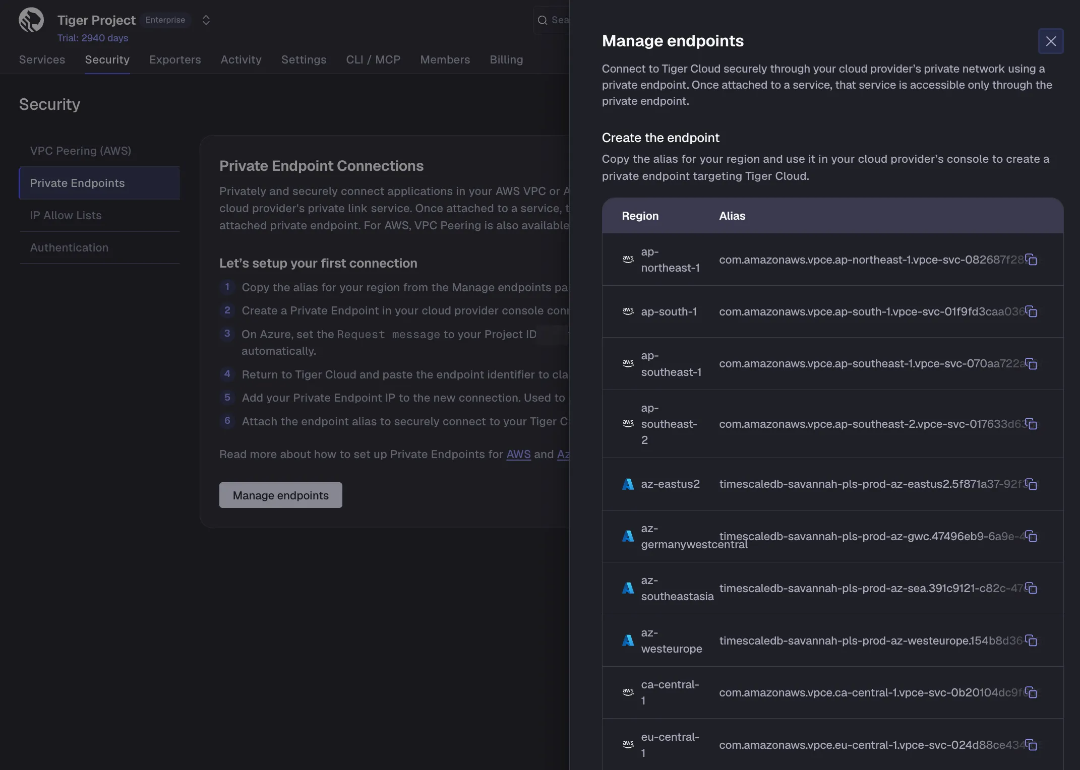 Copying the region alias in the Manage endpoints panel