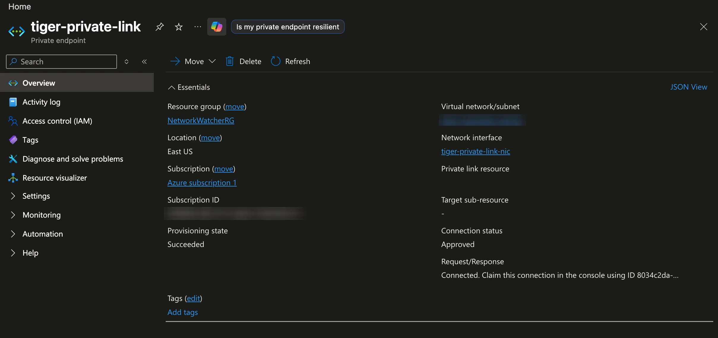 The connection status message on an Azure private endpoint