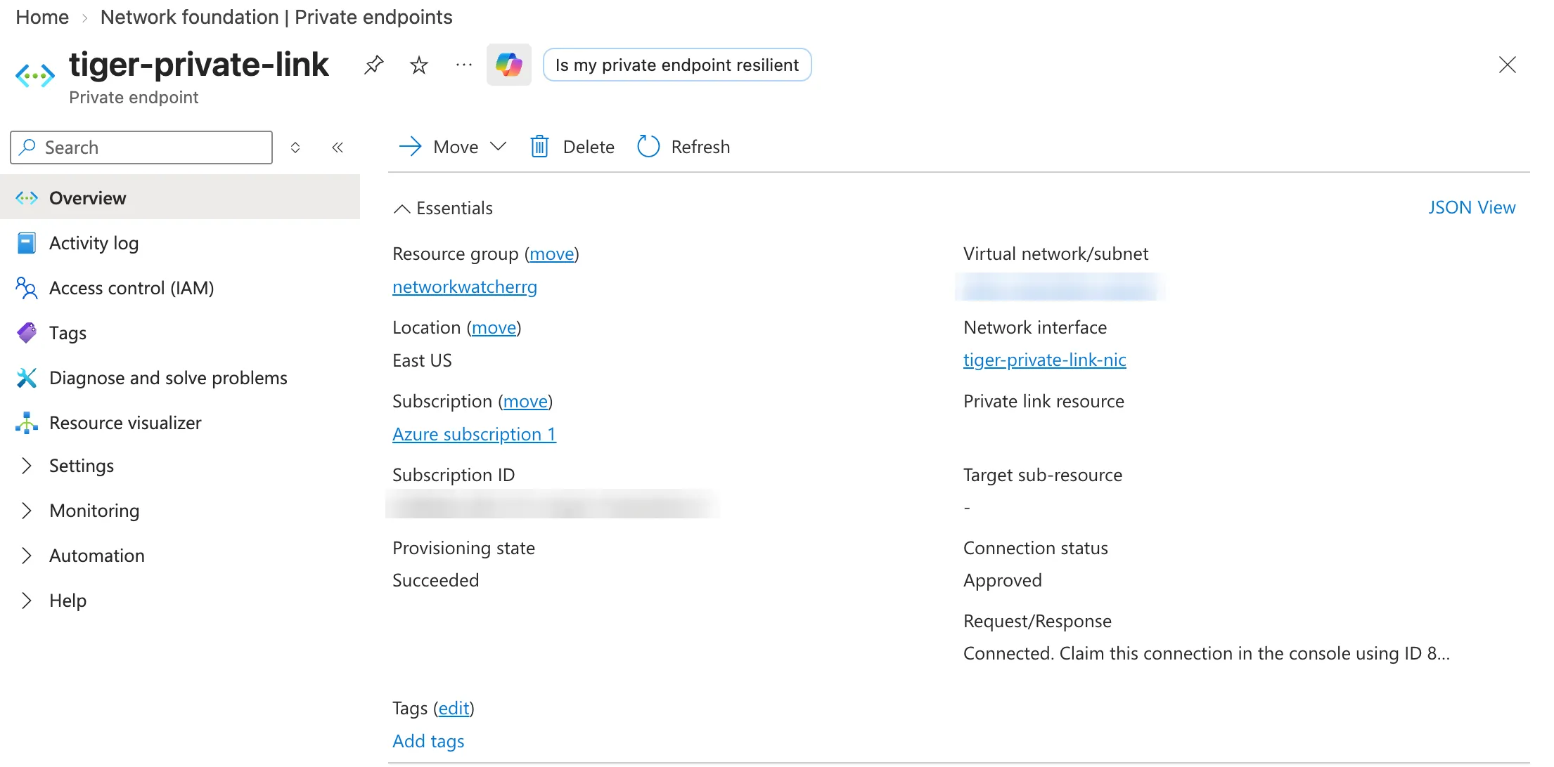 The connection status message on an Azure private endpoint