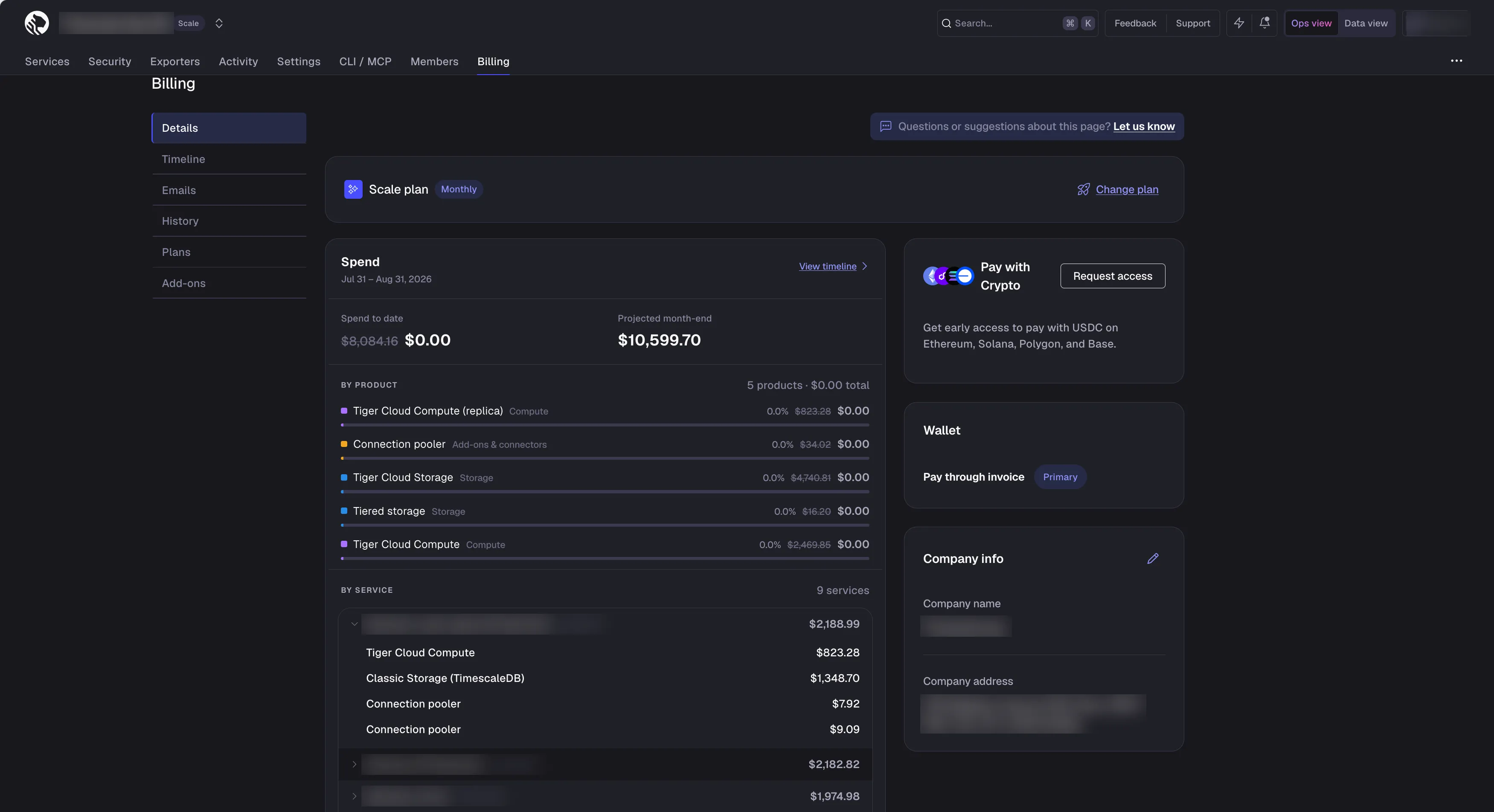 The Details page in the billing section of Tiger Cloud Console
